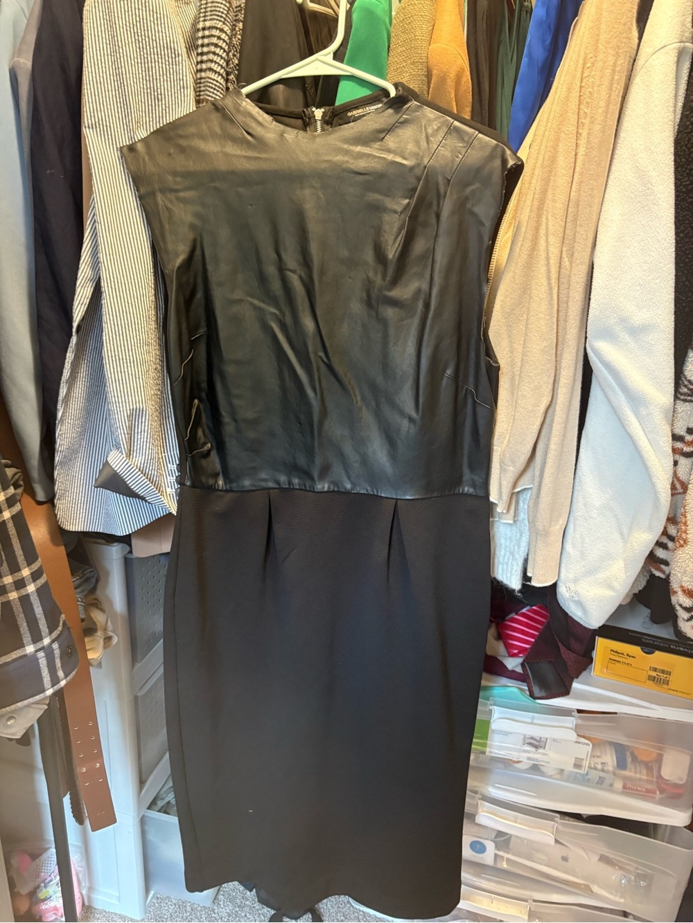 Sleeveless Black Faux Leather Bodice Sheath Dress